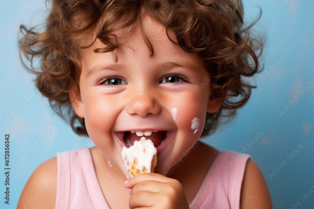 A close-up portrait of a cheerful child as they taste ice cream, displaying sheer delight. Selective focus, shallow depth of field A close-up portrait of a cheerful child as they taste ice cream, displaying sheer delight. Selective focus, shallow depth of field