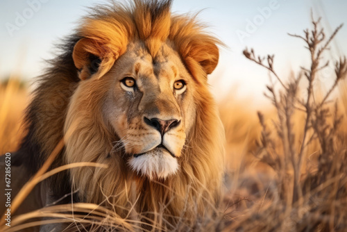 Close up view on a majestic lion in the savannah  showcasing the beauty and power of African wildlife.