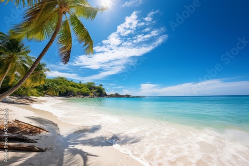 A composition featuring a pristine tropical beach with crystal-clear azure waters and palm trees. Copy space