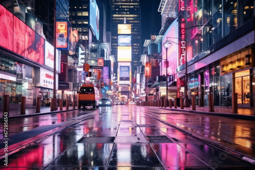 A street scene with skyscrapers illuminated by the warm purple glow of neon signs with reflection on a wet asphalt, capturing urban nightlife. Selective focus, blurred, shallow depth of field