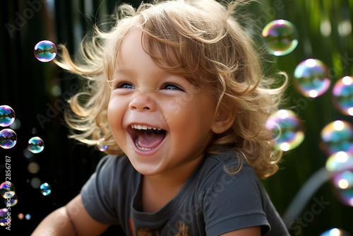 A close up portrait of a happy young child's as they blow soap bubbles and watch them float