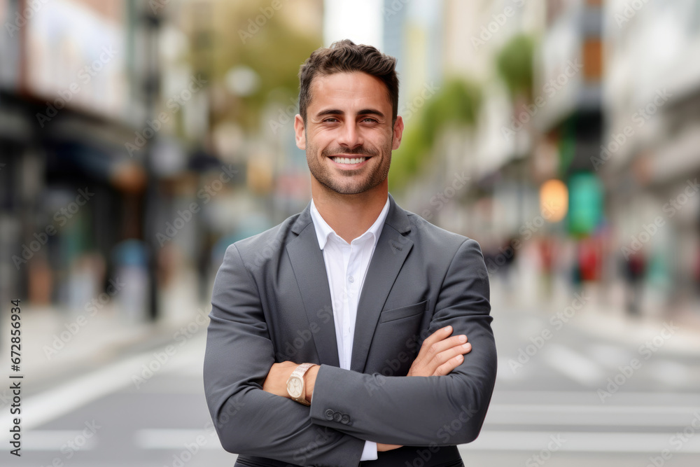 A portrait of young smiling professional businessman, confident positive, standing outdoor on street arms crossed, looking at camera
