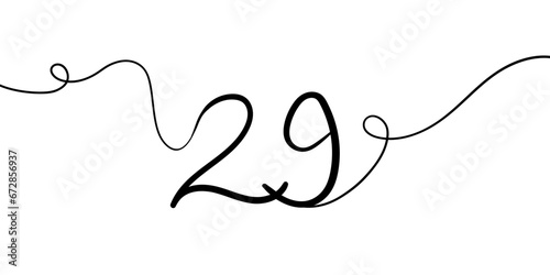 Number 29 line art drawing on white background. 29th birthday continuous drawing contour. Minimal vector illustration