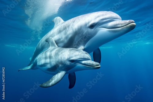 View of a family of dolphins swimming gracefully in the crystal-clear underwater of the ocean  marine life in its natural setting.