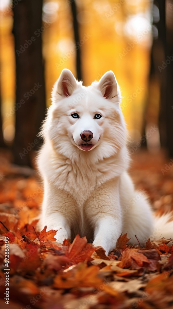 white husky dog solo portrait relaxing in beautiful autumn forest white husky dog solo portrait relaxing in beautiful autumn forest