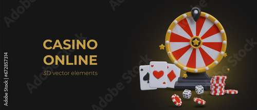 Horizontal casino concept on black background. Realistic wheel of fortune, playing cards, dice, poker chips. Place for text. Header, flyer, banner layout for online betting