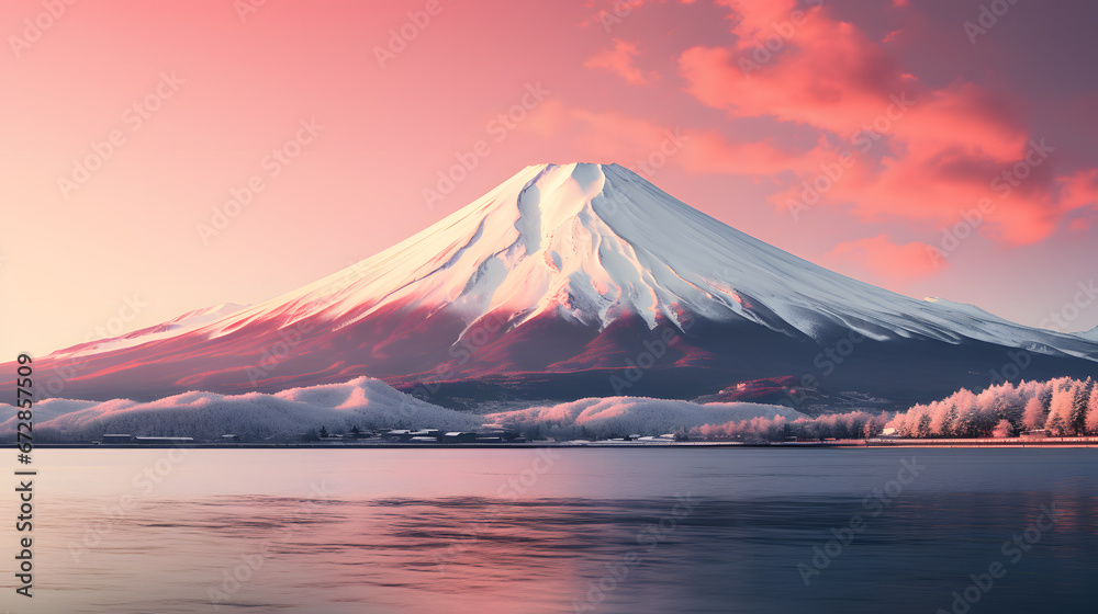 A photo of Mount Fuji, with a snow-capped peak as the background, during sunrise