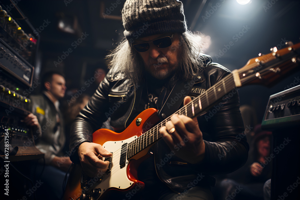 Obraz premium Guitarist in a recording session jam.