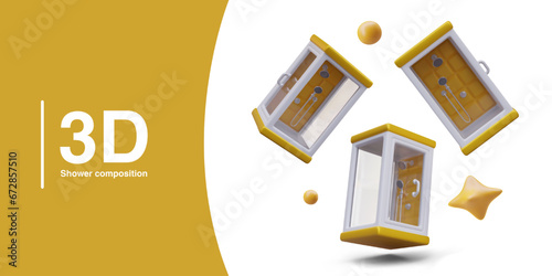 Realistic shower cabins, 3D vector composition and floating objects. Advertising concept for web design, place for text. Banner for store, cleaning service, plumbing works