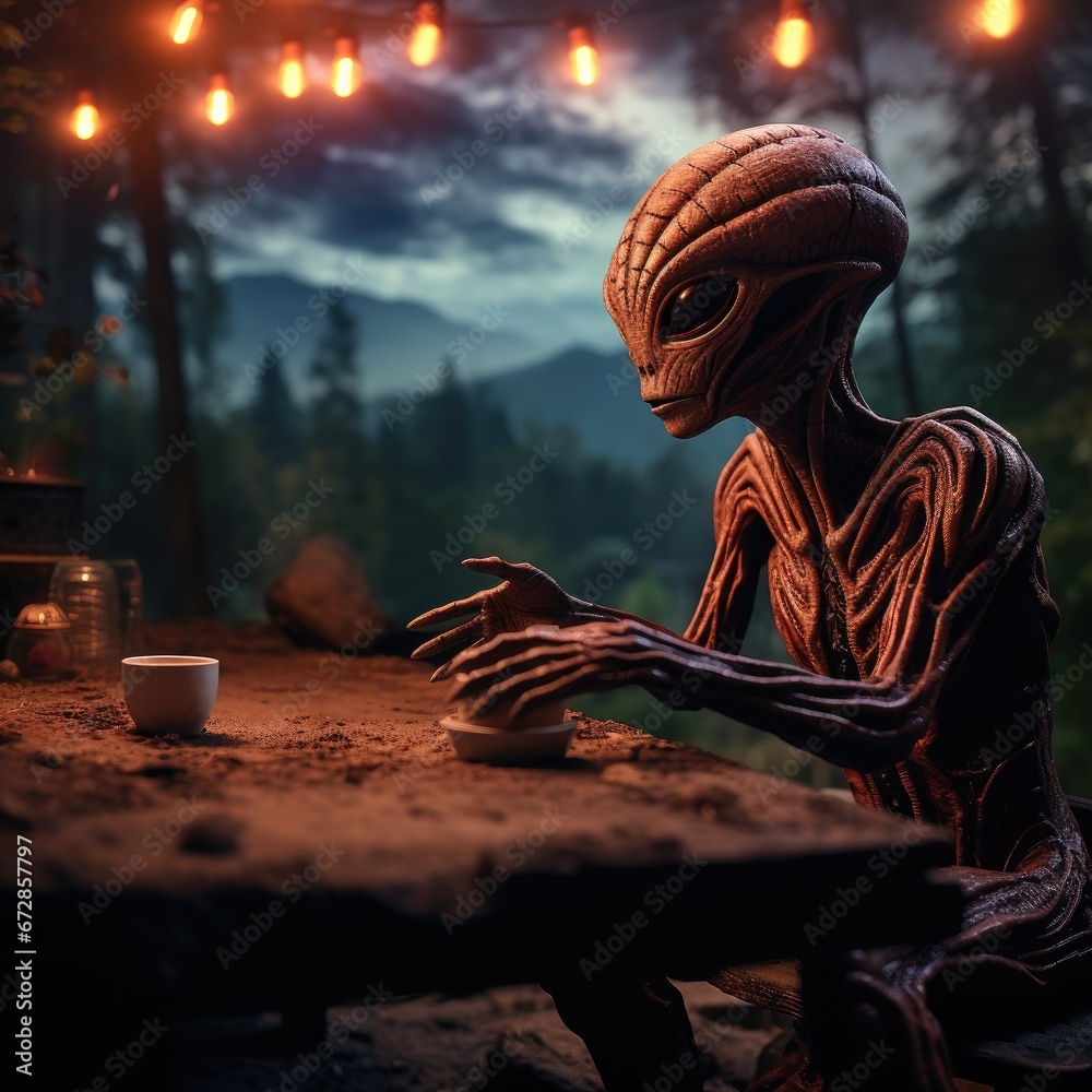 Fototapeta premium Extraterrestrial Enjoying an Earthly Brew: Intergalactic Tea Time
