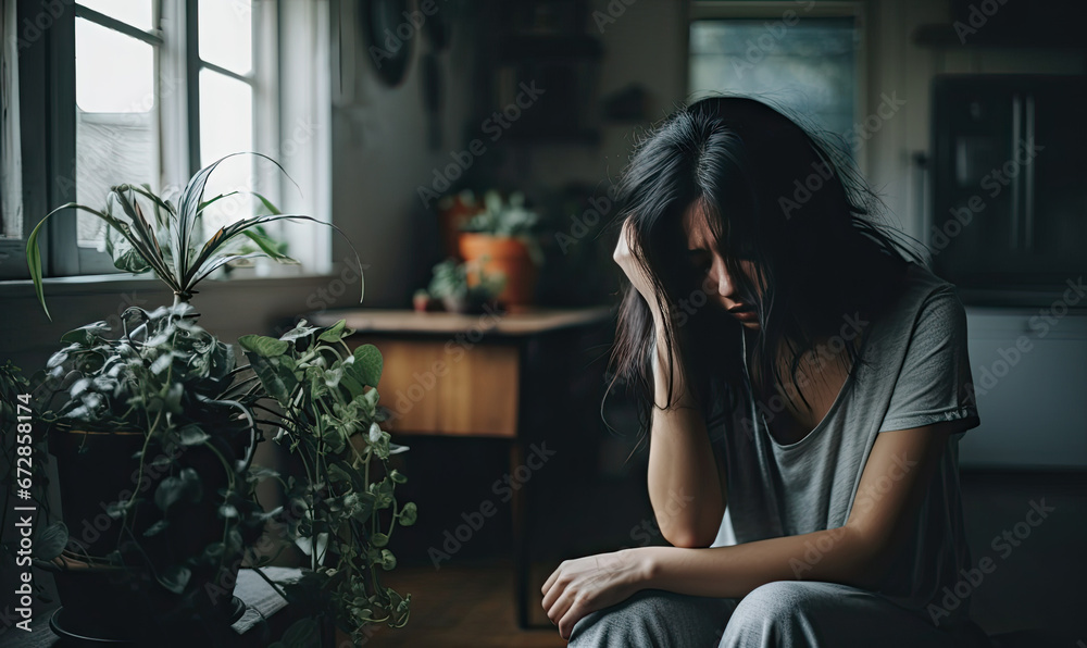 Vulnerable woman at home, lost in thought. Vulnerable woman at home, lost in thought.