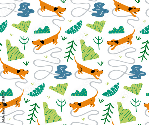 Seamless vector pattern with a traveling dachshund.