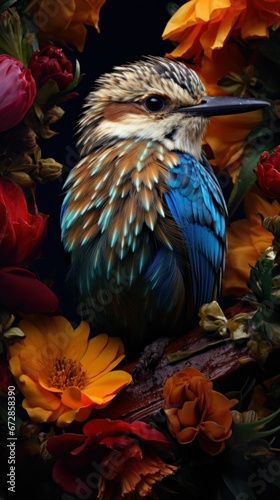 Beautiful Rare Bird and Spring Flowers