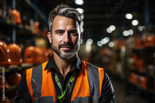 A rugged man with a bushy beard stands confidently in a reflective vest, his face a mask of determination and resilience, his indoor surroundings reflecting his strong sense of self and purpose