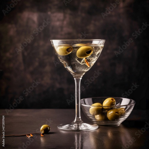 martini glass with luxury martini cocktail and olives.