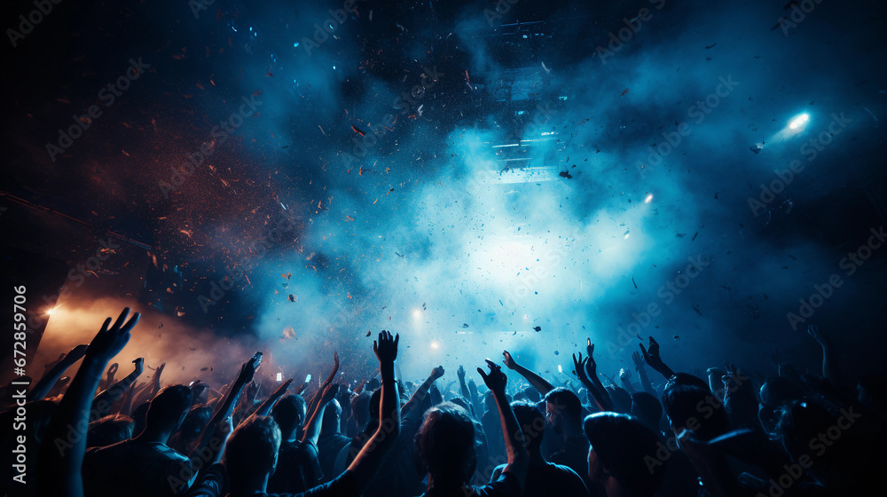 Energetic Live Rock Concert: A Night Club Crowd Cheering and Celebrating at a Festival Party - obrazy, fototapety, plakaty 