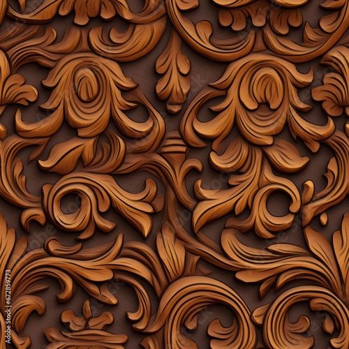 3D wood carving pattern tile incorporating classic Victorian and modern floral styles in a luxurious brown color, perfect for printing and sublimation applications.