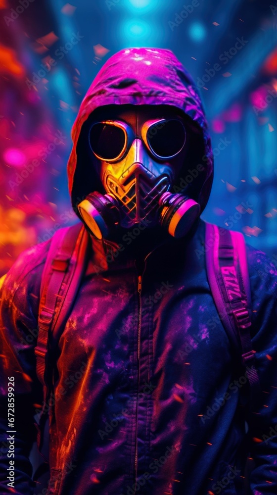 A person with gas mask and neon color smoke in background A person with gas mask and neon color smoke in background