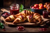 Rustic styling of fresh croissants and fruit jam on the antique wooden board