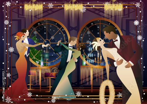 New Year s, Christmas party. A couple dances near a table with champagne, against the backdrop of a window with snowfall. Concept for holiday, winter holidays, New Year, Christmas