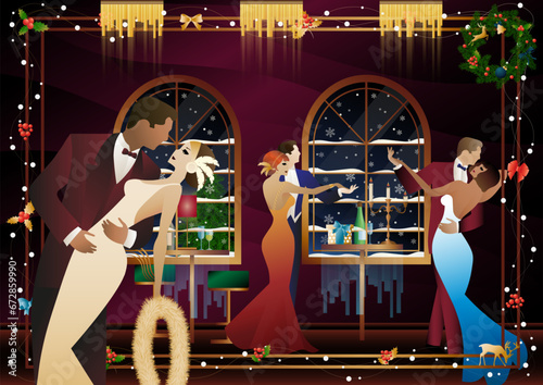 New Year s, Christmas party. A couple dances near a table with champagne, against the backdrop of a window with snowfall. Concept for holiday, winter holidays, New Year, Christmas