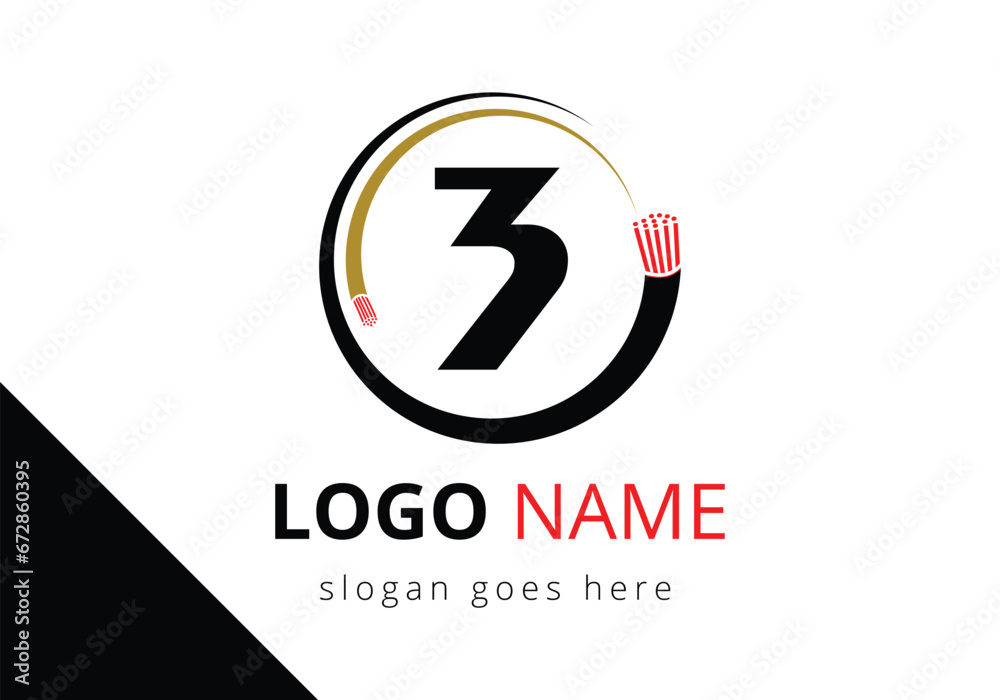 Letter 3 with electric wire, optical fiber cable Logo Design Vector Template. - obrazy, fototapety, plakaty 