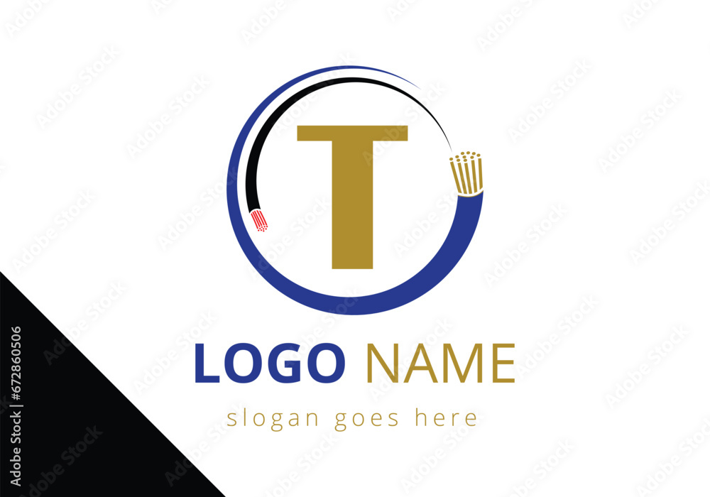 Letter T with electric wire, optical fiber cable Logo Design Vector Template.
