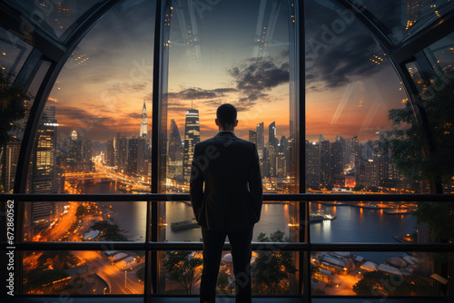 A businessman in a skyscraper office enjoys the views of the city lights at night. Man from the back.
