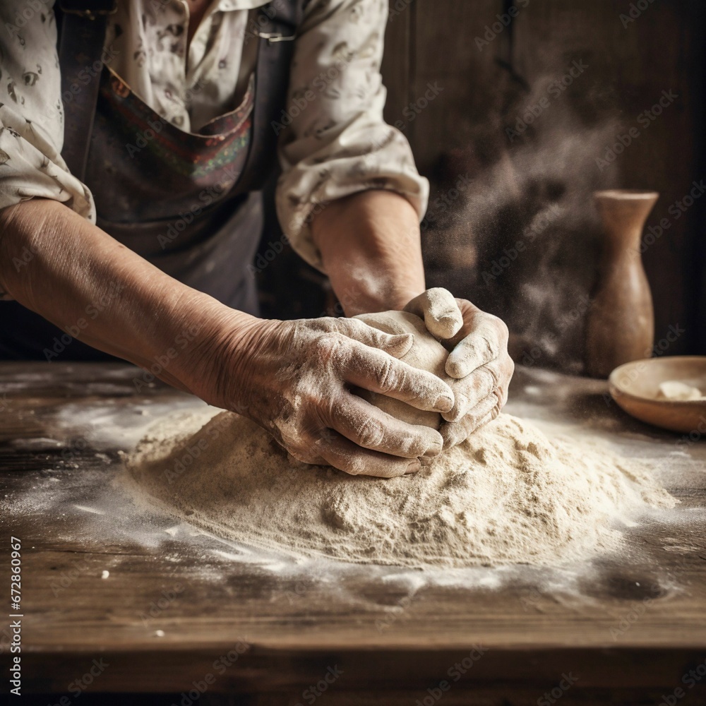 old female hands knead the dough for baking bread.