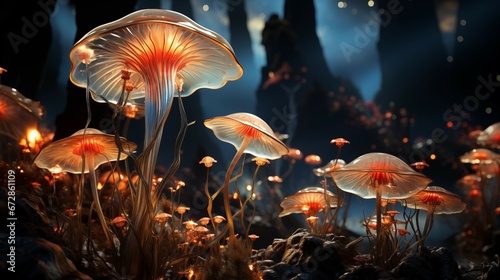 Realistic image. Neon mushrooms, beautiful photo.