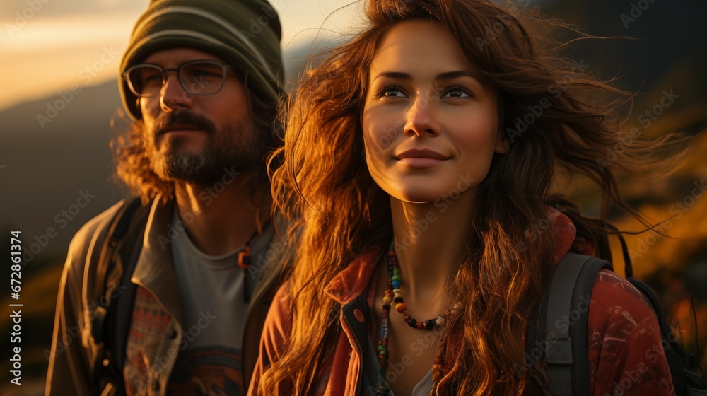Fototapeta premium Beautiful couple of travelers. Young woman and man at sunset.