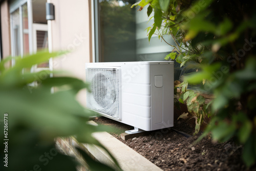 Heat pump installation on outer wall of a house, air conditioning 