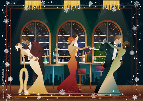 New Year s, Christmas party. A couple dances near a table with champagne, against the backdrop of a window with snowfall. Concept for holiday, winter holidays, New Year, Christmas