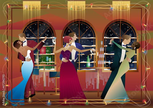 New Year s, Christmas party. A couple dances near a table with champagne, against the backdrop of a window with snowfall. Concept for holiday, winter holidays, New Year, Christmas