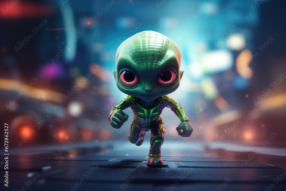 Cute Alien Extraterrestrial Superhero Speeding Ahead with Vibrant Backdrop Cute Alien Extraterrestrial Superhero Speeding Ahead with Vibrant Backdrop