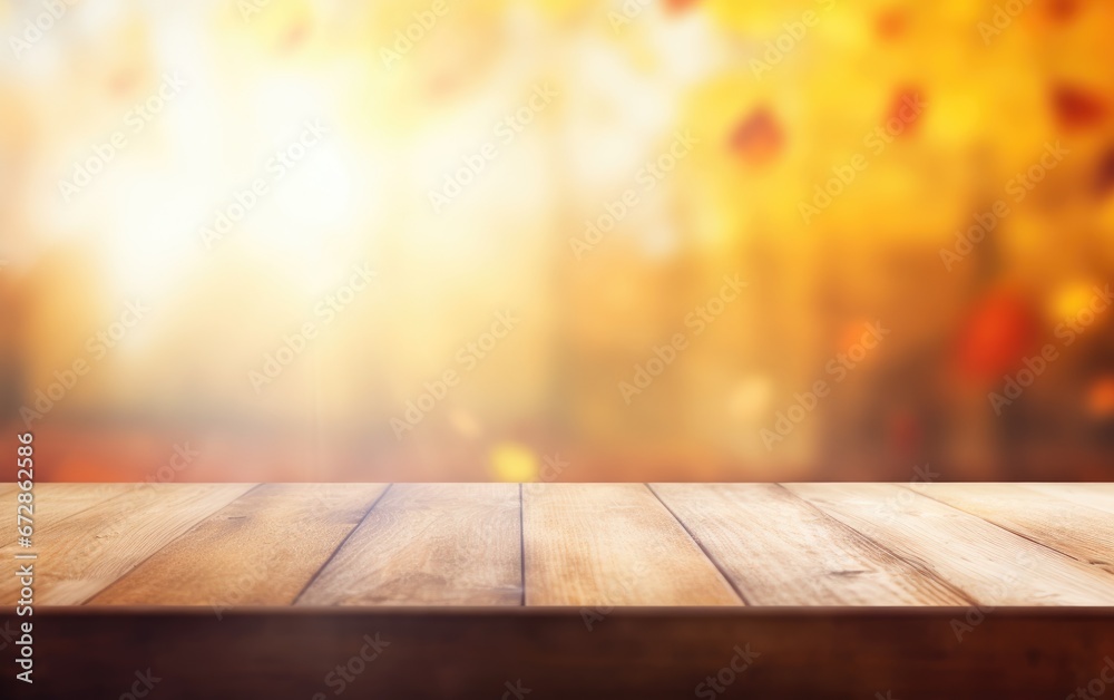 Wooden table and blurred Autumn background. Autumn yellow leaves banner Wooden table and blurred Autumn background. Autumn yellow leaves banner
