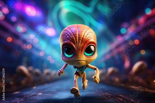 Cute Alien Extraterrestrial Superhero Speeding Ahead with Vibrant Backdrop