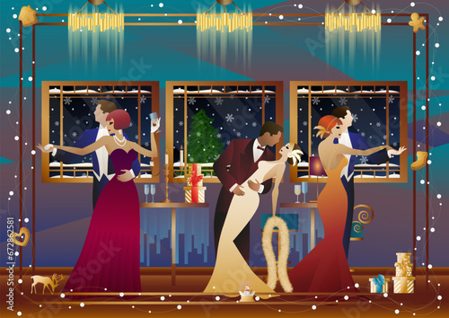 New Year s, Christmas party. A couple dances near a table with champagne, against the backdrop of a window with snowfall. Concept for holiday, winter holidays, New Year, Christmas