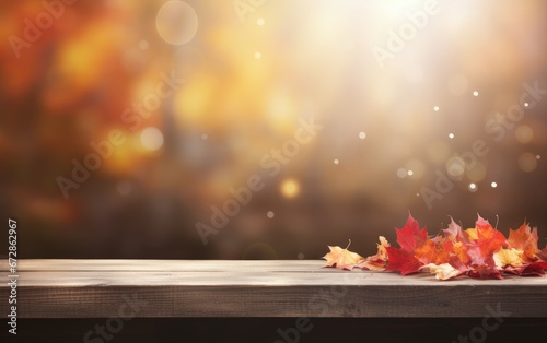 Wooden table and blurred Autumn background. Autumn yellow leaves banner © megavectors