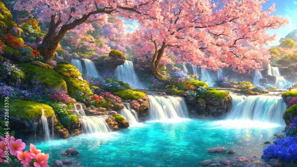 A beautiful paradise land full of flowers, rivers and waterfalls, a blooming and magical idyllic Eden garden. - obrazy, fototapety, plakaty 