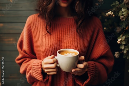 Girl in a winter cozy sweater enjoying a cup of coffee, Generative Ai