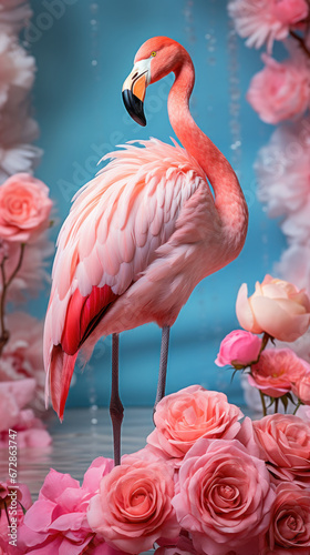 Pink flamingo on the background of the wall with exotic beautiful flowers  bright tropical concept