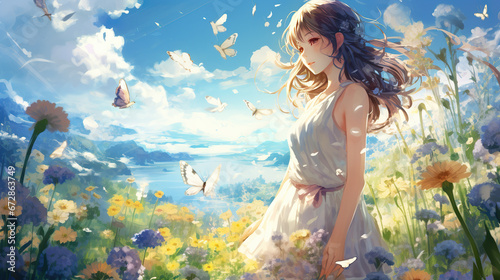 a beautiful amazing anime girl is walking in a peaceful field full of flowers, garden design