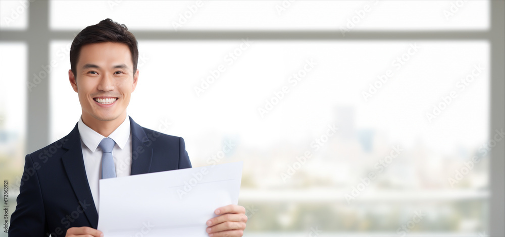 Happy smile businessman, holding a white sheet of paper on the office building, a white business professional. Generative AI. Happy smile businessman, holding a white sheet of paper on the office building, a white business professional. Generative AI.
