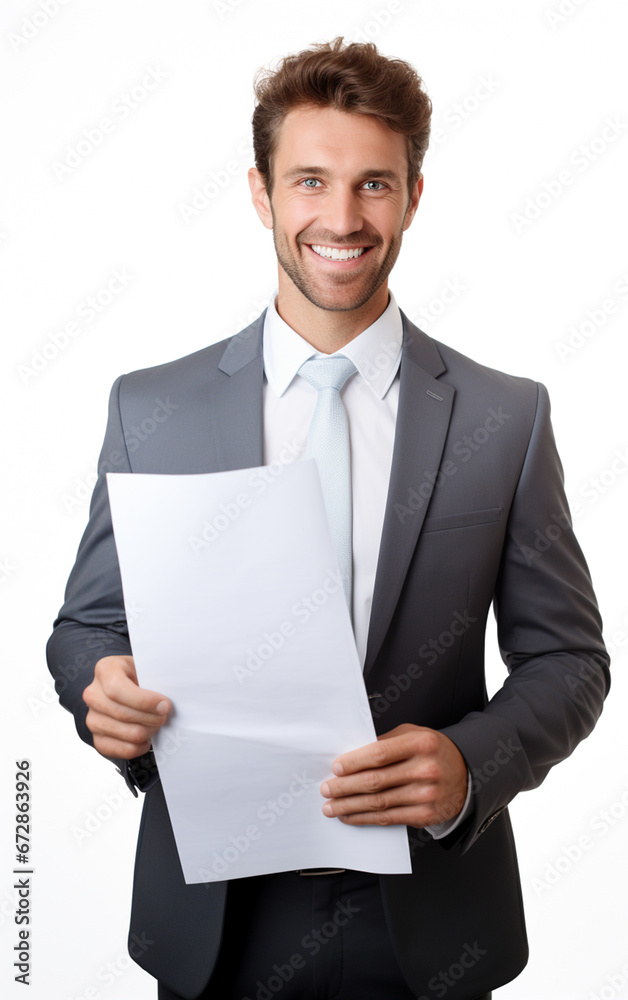 Businessman in gray suit, Happy smile holding white sheet of paper on a white background in the studio, white business professional. Generative AI. Businessman in gray suit, Happy smile holding white sheet of paper on a white background in the studio, white business professional. Generative AI.