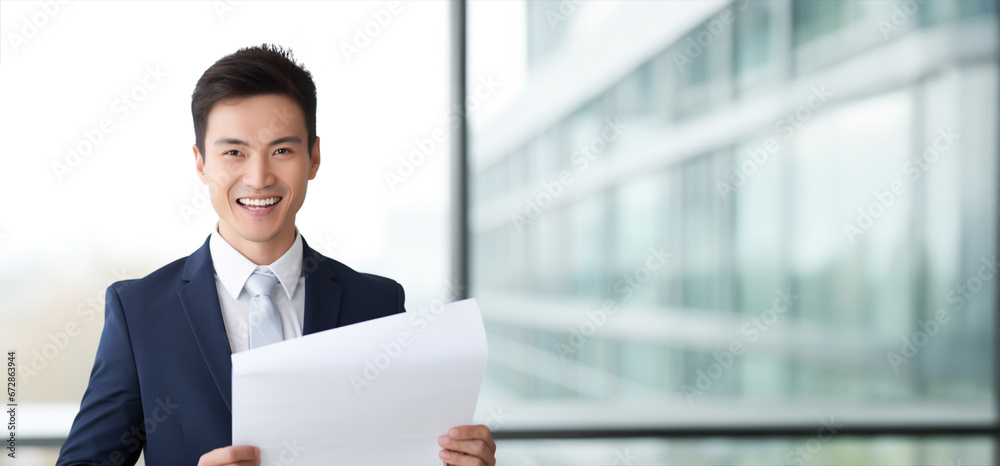 Happy smile businessman, holding a white sheet of paper on the office building, a white business professional. Generative AI. Happy smile businessman, holding a white sheet of paper on the office building, a white business professional. Generative AI.