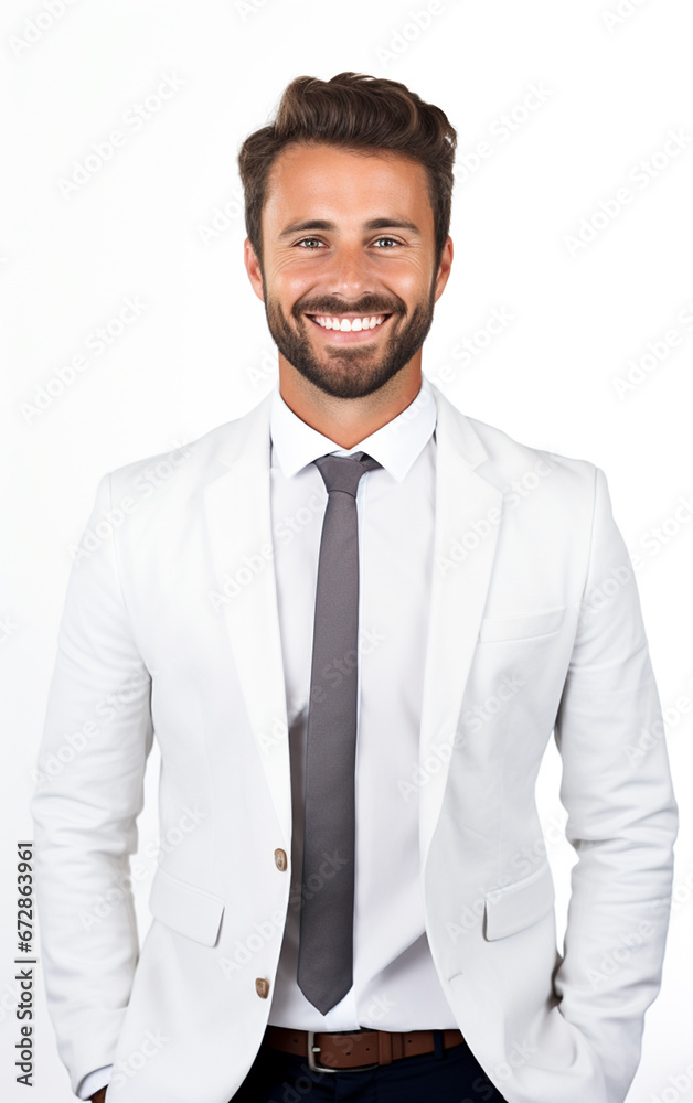 Happy smile businessman on a white background in the studio, white business professional. For art texture, presentation design or web design and web background. Generative AI. Happy smile businessman on a white background in the studio, white business professional. For art texture, presentation design or web design and web background. Generative AI.