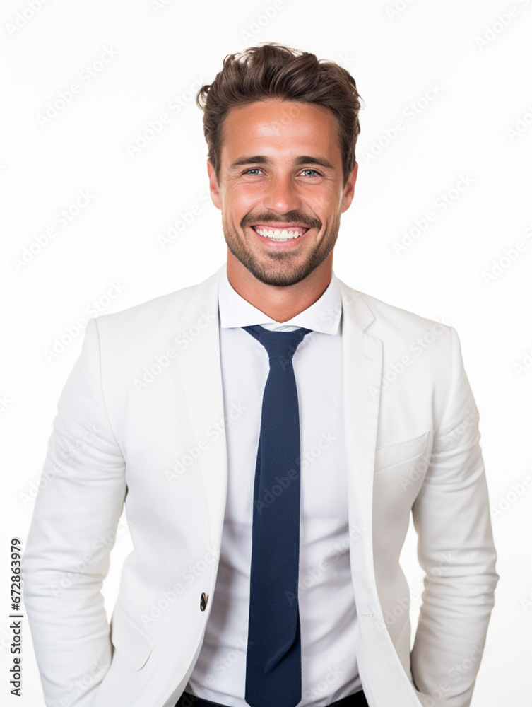 Happy smile businessman on a white background in the studio, white business professional. For art texture, presentation design or web design and web background. Generative AI. Happy smile businessman on a white background in the studio, white business professional. For art texture, presentation design or web design and web background. Generative AI.