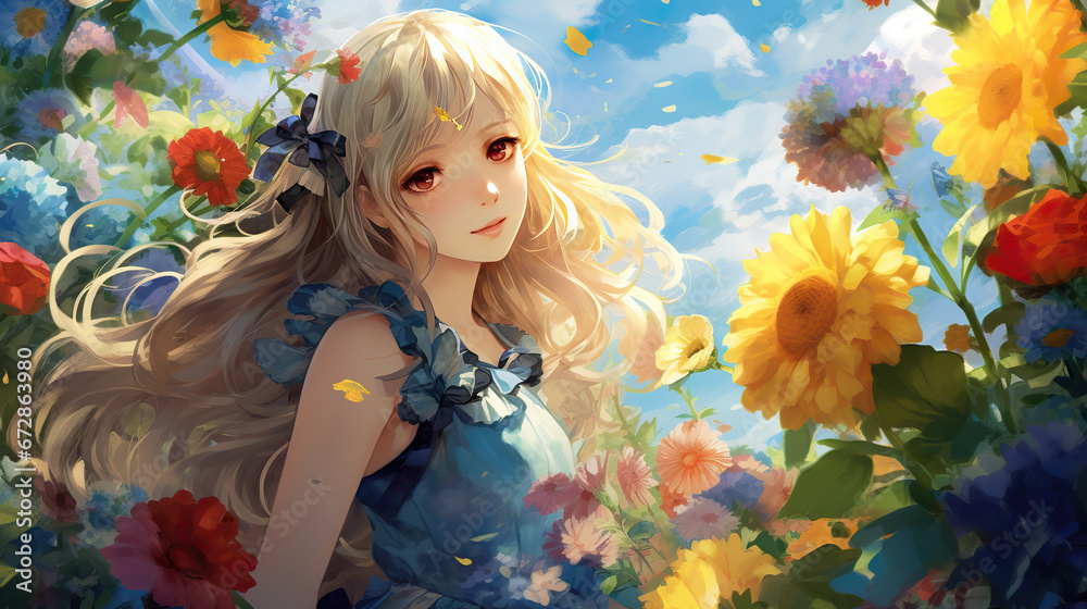 a cute beautiful anime girl in a big garden full of flowers, manga artwork