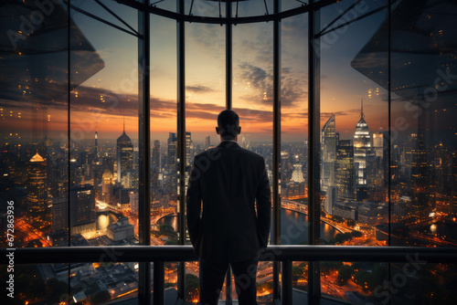 A businessman in a skyscraper office enjoys the views of the city lights at night. Man from the back.